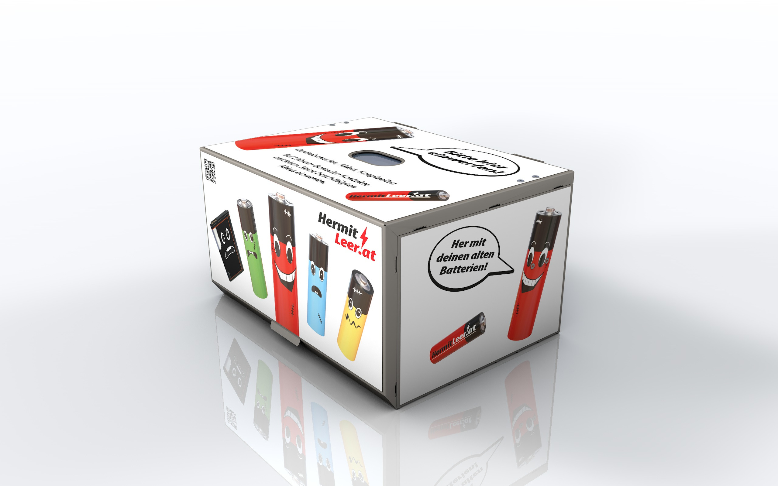 Brandsichere Batteriesammelbox zum Sammeln alter Batterien und Lagern neuer Batterien.