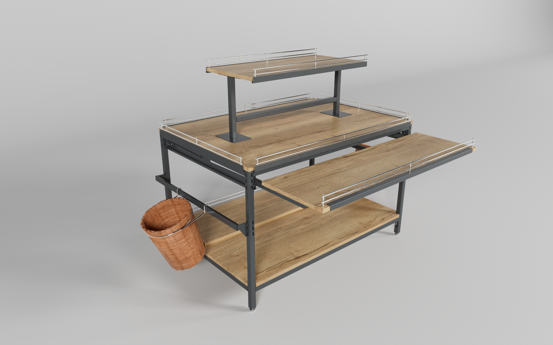 Modulares und flexibles Tischmöbel zur Warenpräsentation.