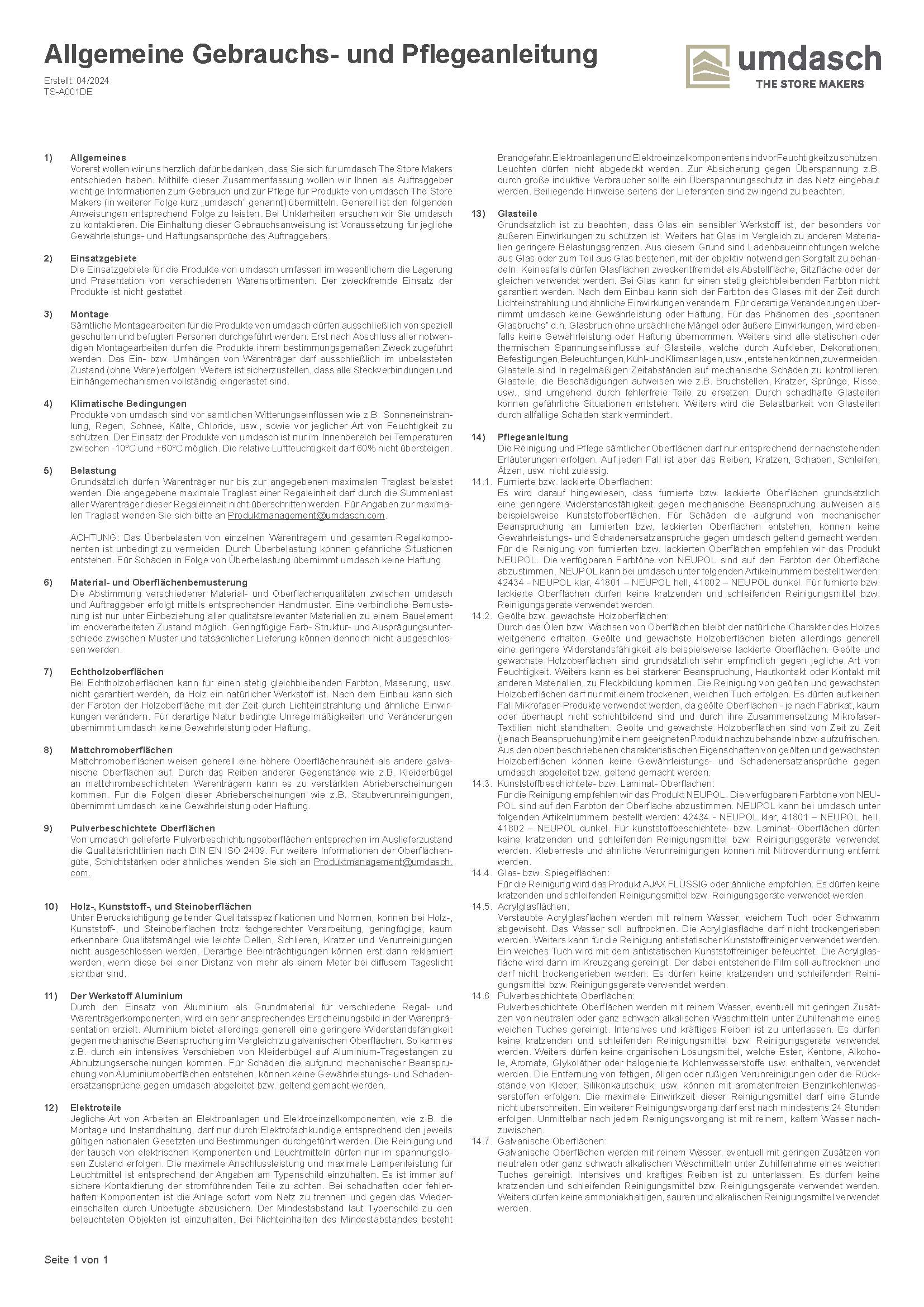 USM General instructions for use and care umdasch DE 2024 3