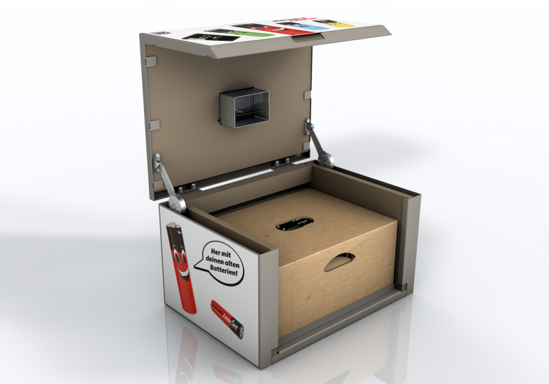 umdasch Batterie-Sammelbox geöffnet Geöffnete Karton-Sammelbox mit brandschutz Umhausung