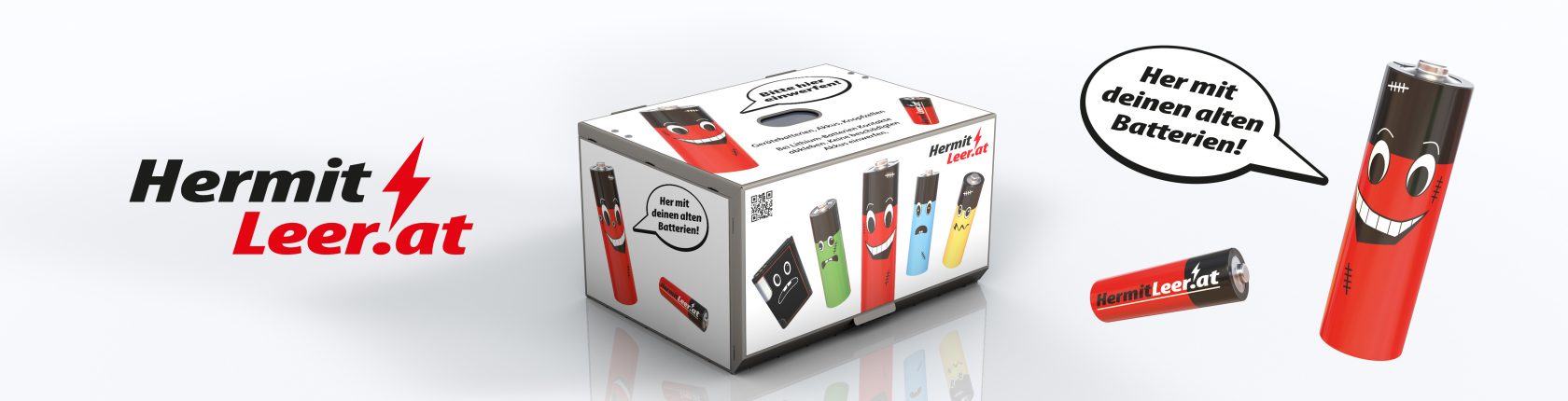 Batterie-Sammelbox mit HermitLeer Logo und Symbolen